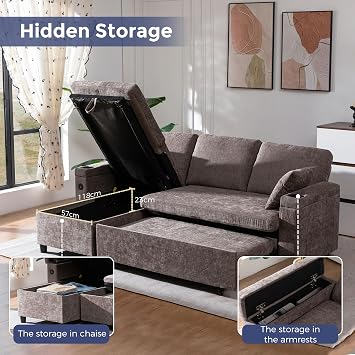 MAXYOYO 3 Seater Cornor Sofa Bed, L Shaped Sofa with Cup Holder Pull out Convertible Sleeper Sectional Sofa with Left/Right Part Convertible into 2 Single Seater for Living Room, Office