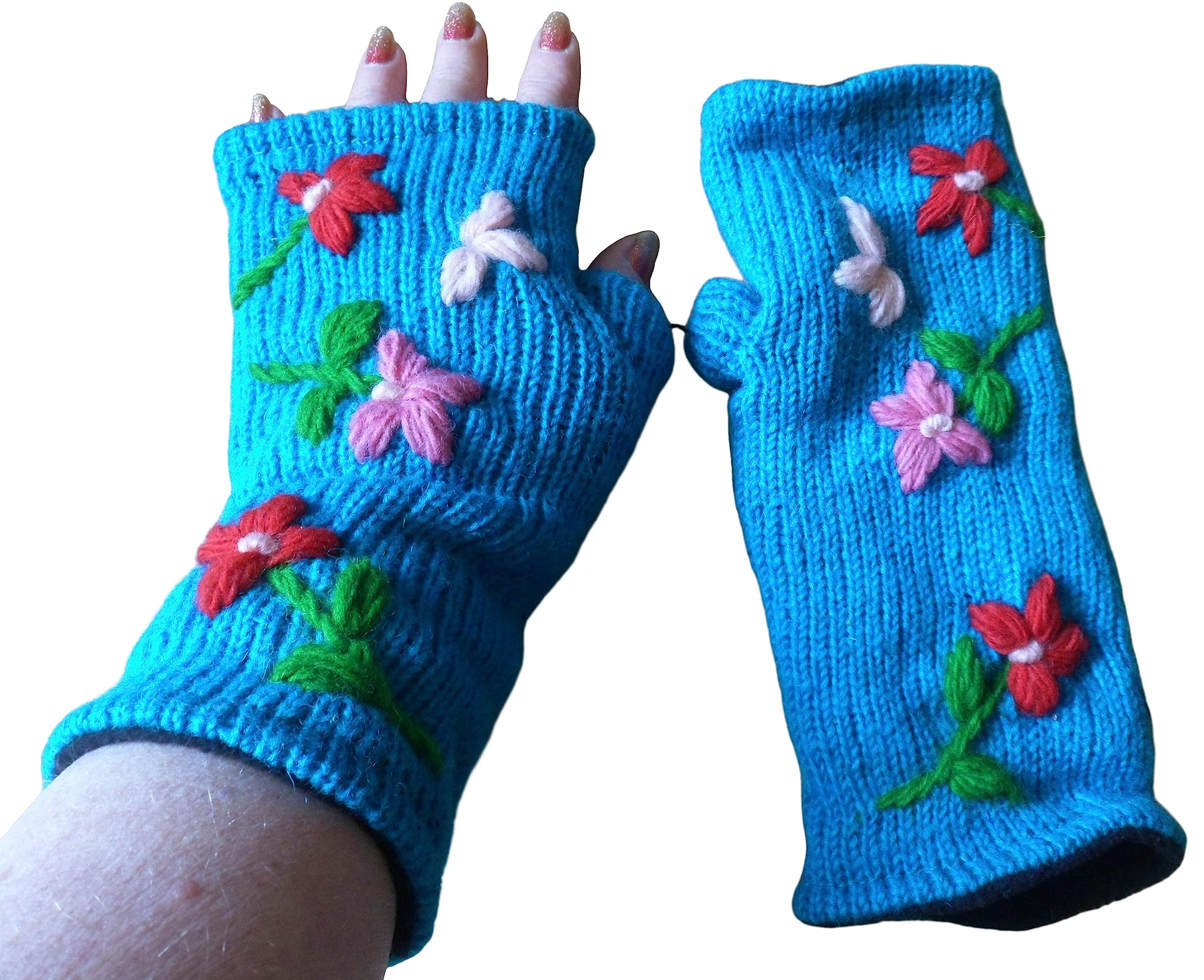 NATURAL FLOW Wool Fleece Lined Hippy Boho Tube Fingerless Flower Gloves Wrist Warmers (Teal)