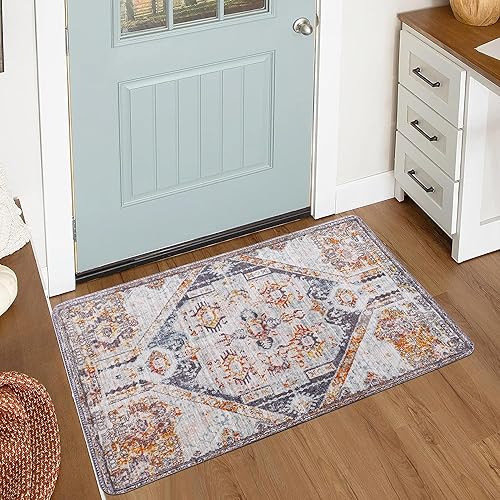 Alfombra de área naranja y beige de 2 x 3 pies, alfombra pequeña con estampado antideslizante, tapete suave de pelo bajo, alfombra lavable para