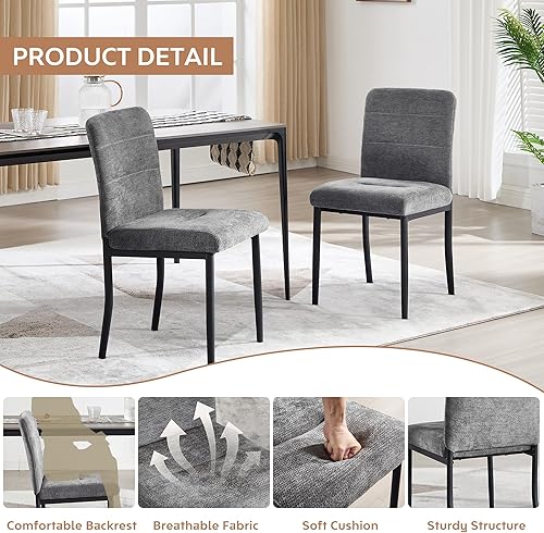 Miniatura 6 de Juego de 2 sillas de comedor, modernas sillas de comedor Parsons de tela tapizada, sillas de cocina sin brazos con patas de metal y asiento