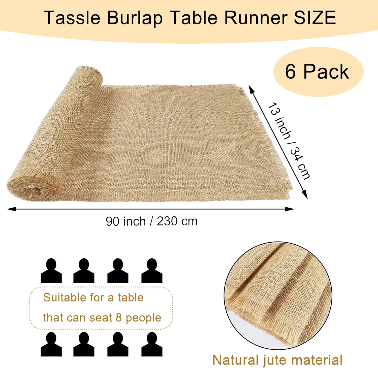 6 Pack 13 x 90 Inch Tassel Burlap Table Runners,Natural Rustic Jute Table Runner and Placemats Bulk for Western Wedding Table Decorations,Farmhouse Style Party,Holiday,Kitchen Table Decor Cover
