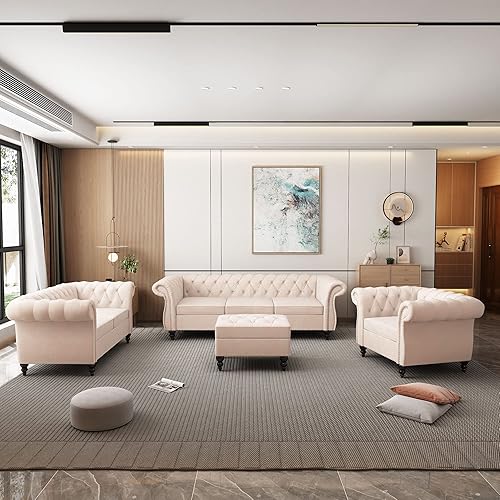 Miniatura 57 de QHITTY Juego de 2 piezas para sala de estar, Sofá Seccional Chesterfield Silla Contemporáneo Tapizado de Terciopelo Loveseat Juego de Sofás para