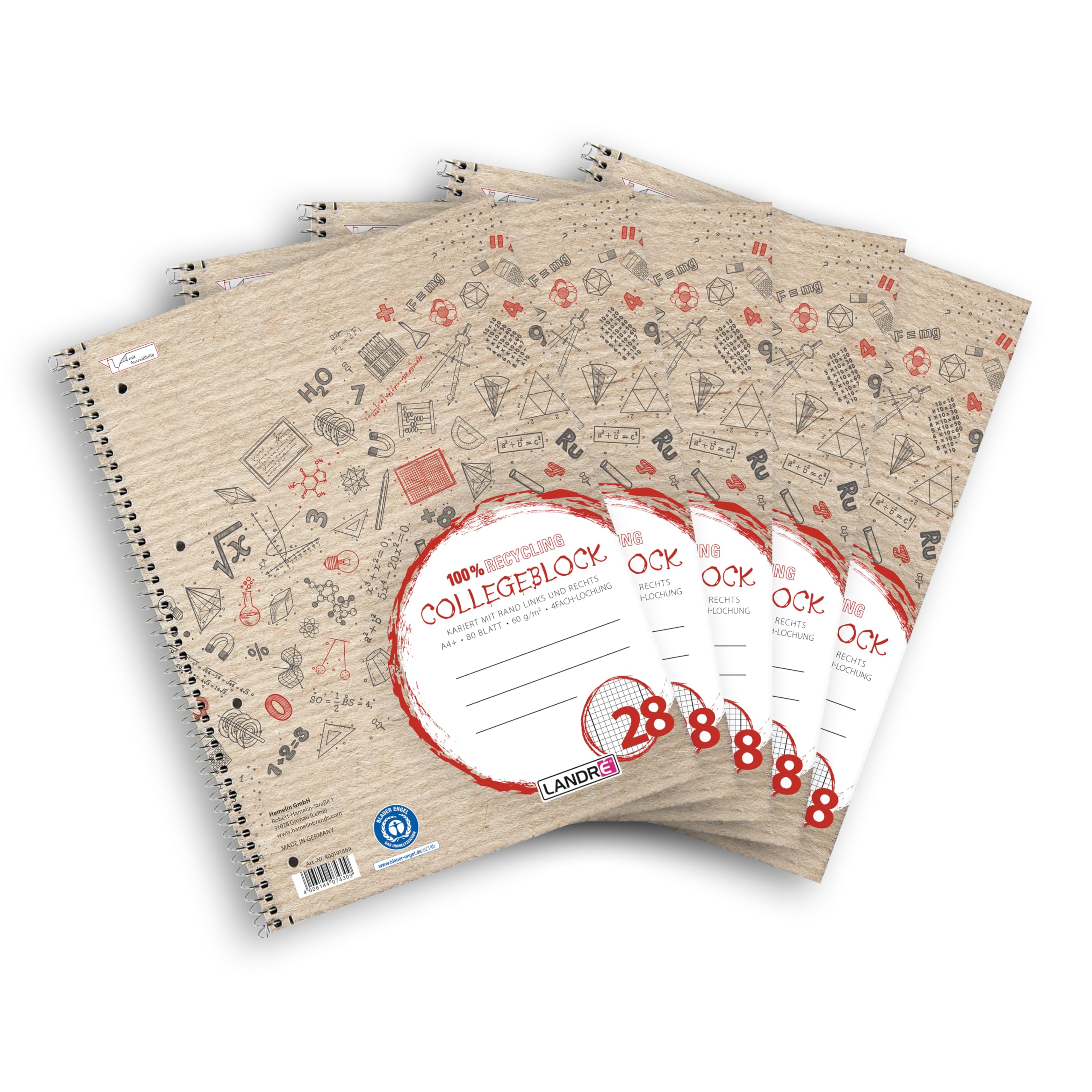 LANDRÉ Notepad A4 Squared Recycled 160 Pages Ruled Style 28 Pack of 5