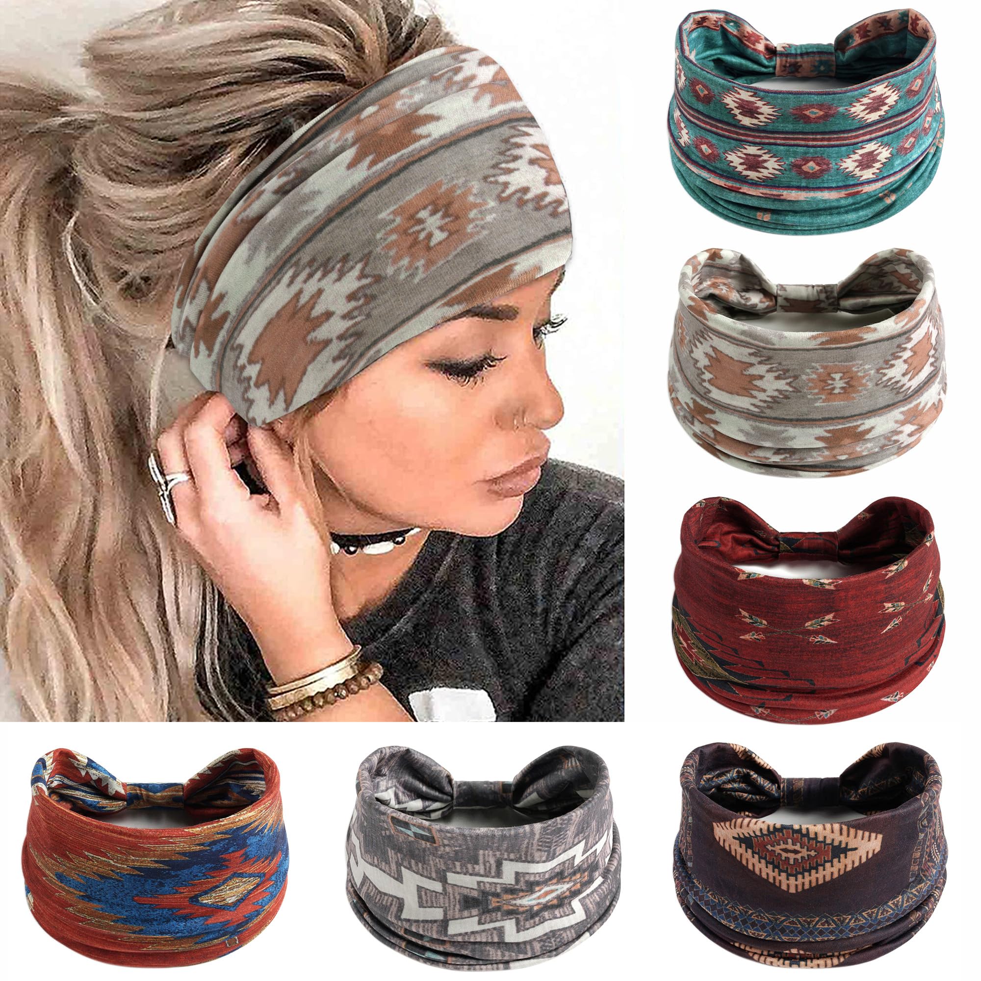 FULZTEY Boho Headbands for Women Fashion Wide Head Bands Floral Print Headwrap Large African Bandana Elastic Sport Yoga Workout Sweatband Thick Cloth