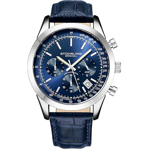 Stuhrling Original Mens Watches Chronograph Analog Blue Dial with Date - Tachymeter 24-Hour Subdial Mens Blue Leather Strap - Watches for Men Rialto Collection