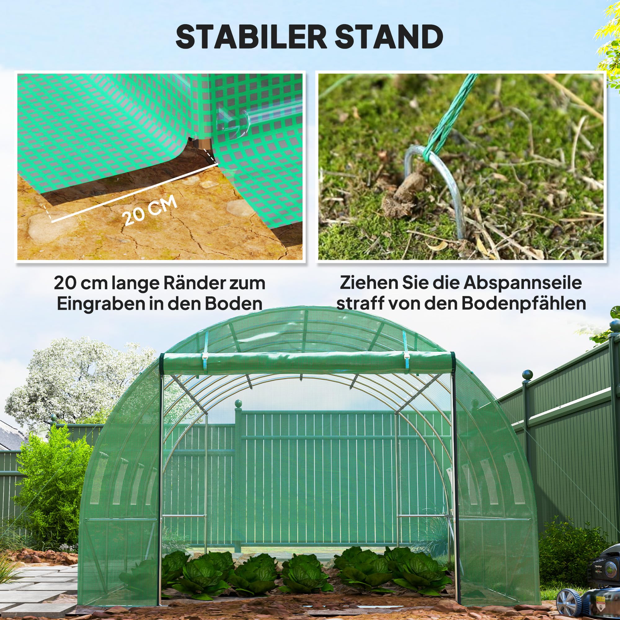 Outsunny Gewächshaus 300x400x200cm Foliengewächshaus Tomatenhaus mit Tür, 8 Fenster, Folientunnel aus verzinktem Stahl, 170g/m² PE, stabiles pflanztunnel, Treibhaus inkl. Erdanker & Seilen, Grün