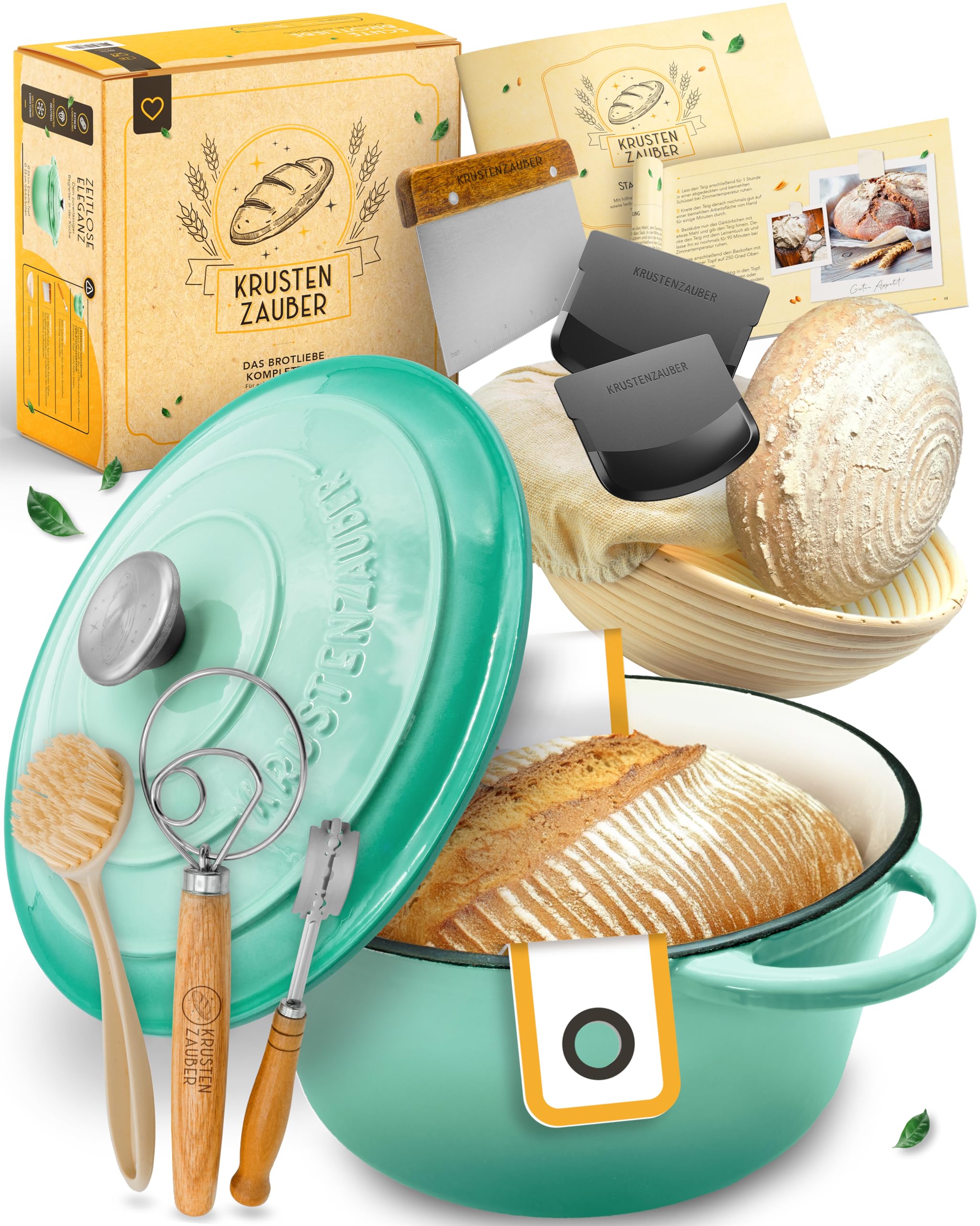 Żeliwny garnek do pieczenia chleba, emaliowany, w zestawie XXL – forma do pieczenia chleba z pokrywką w zestawie z koszem do fermentacji, trzepaczką, nożem piekarskim, skrobakiem do ciasta, pętlą do