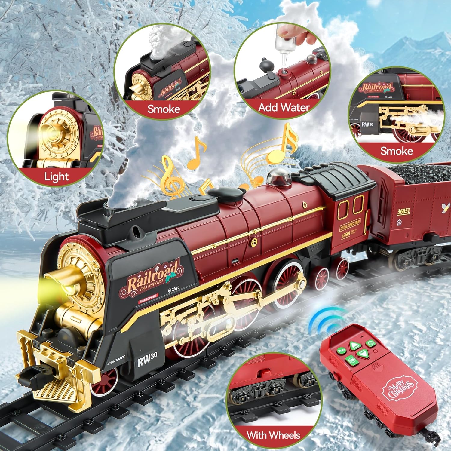 Train Set with Gift Case and Remote Control, Train Toys with Smoke, Light and Sound, Christmas Train Sets for Around The Tree, Toy Train Set for 3 4 5 6 7 8+ Years Old Boys Toddlers Gifts