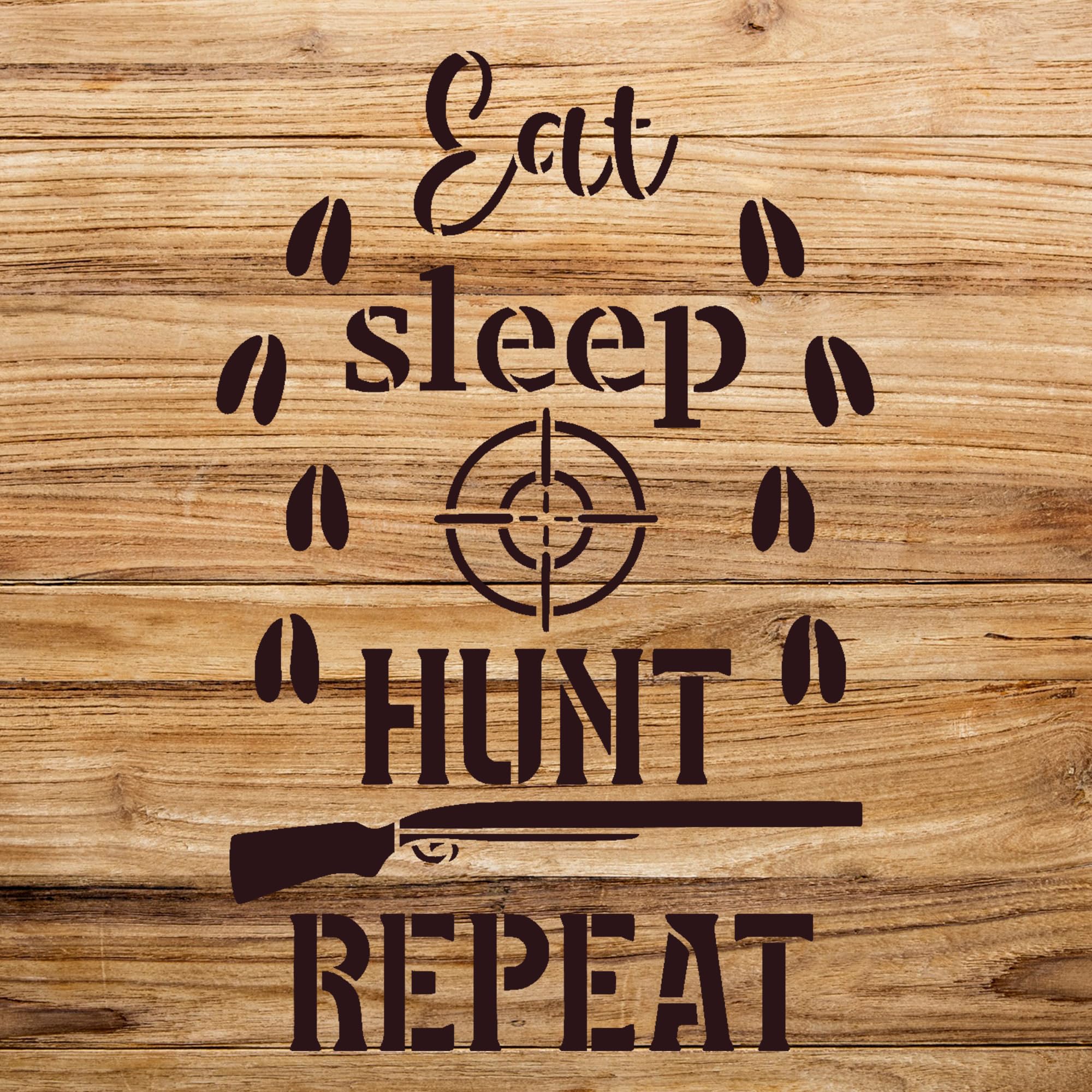 Eat Sleep Hunt Repeat Stencil Pattern for Walls and Crafts, Reusable Mylar Template Featuring Deer Footprints, Ideal for Country Cabin Home Decor and DIY Projects - Size A3 (13.2