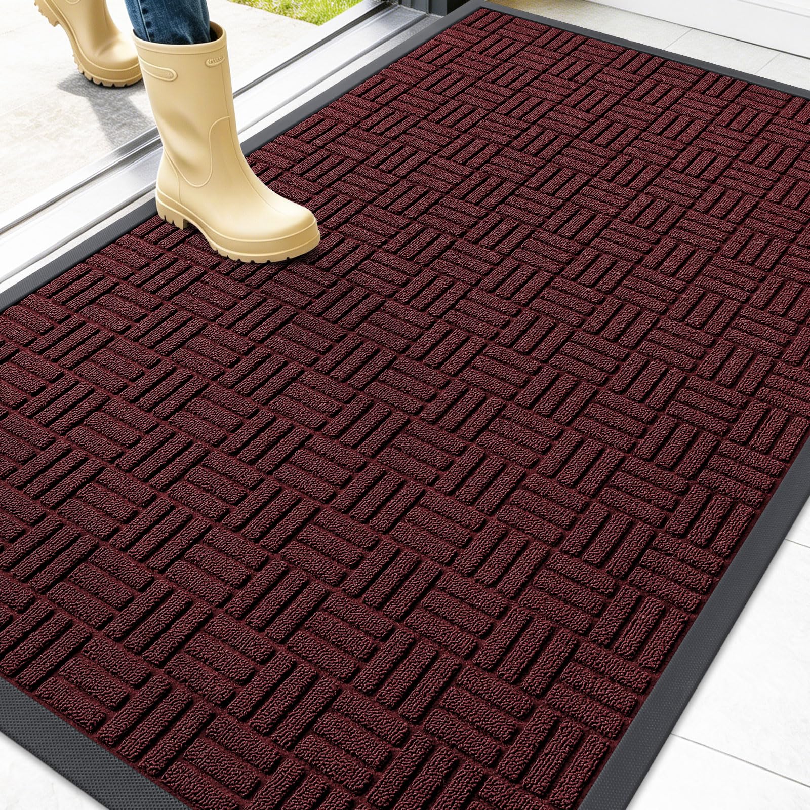 OLANLY Front Door Mat Outside Entrance 47x32, Heavy-Duty Rubber Doormat | Burgundy, Absorbent, Stain Fade Resistant, Non-Slip Backing, Low-Profile Indoor Outdoor Floor Mat for Entryway, Easy to Clean
