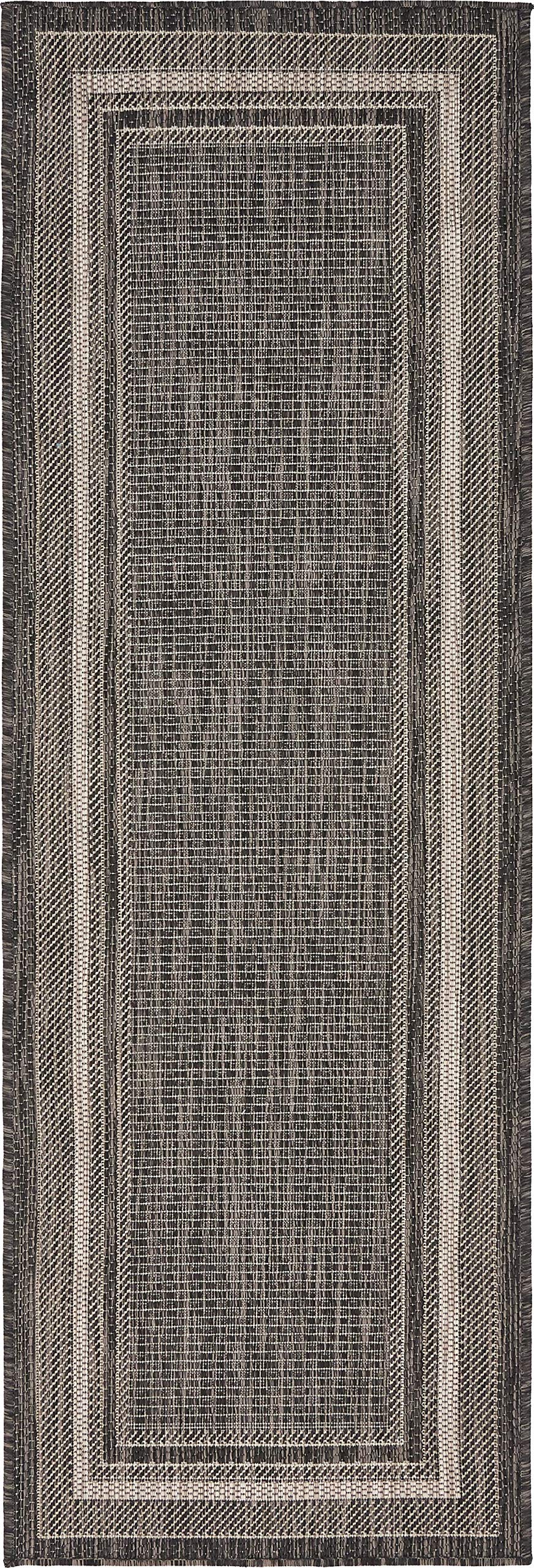 Unique Loom Outdoor Border Collection Area Rug - Soft Border (2' x 6' 1" Runner, Black/ Ivory)