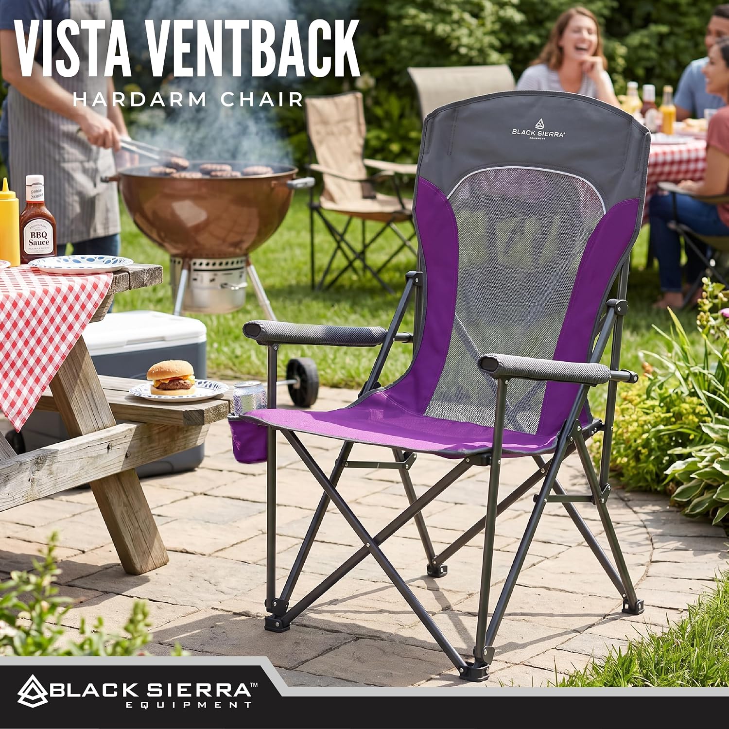 Black Sierra Ventilated Camping Chair, Breathable Mesh Back Folding Seat with Padded Armrests, Lightweight, Portable with Cup Holder & Carry Bag for Outdoors, Beach, Sports, Lawn, Picnic