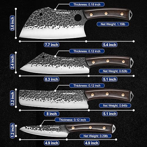 Miniatura 4 de Juego de 4 cuchillos de carnicero con cuchilla de 7 pulgadas, cuchillo de chef de 8 pulgadas, Nakiri de 8 pulgadas y cuchillo utilitario de 5