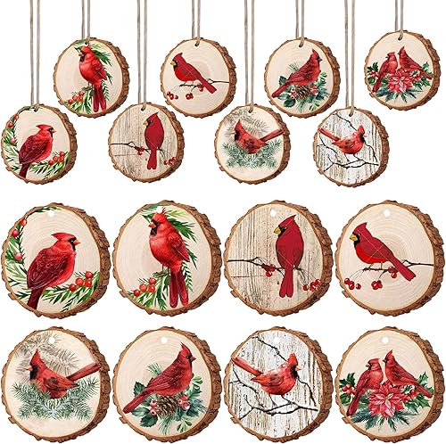 16 piezas de pájaros rojos de Navidad colgantes de rebanadas de madera con cuerda de cáñamo para decoración de árbol de Navidad, manualidades,