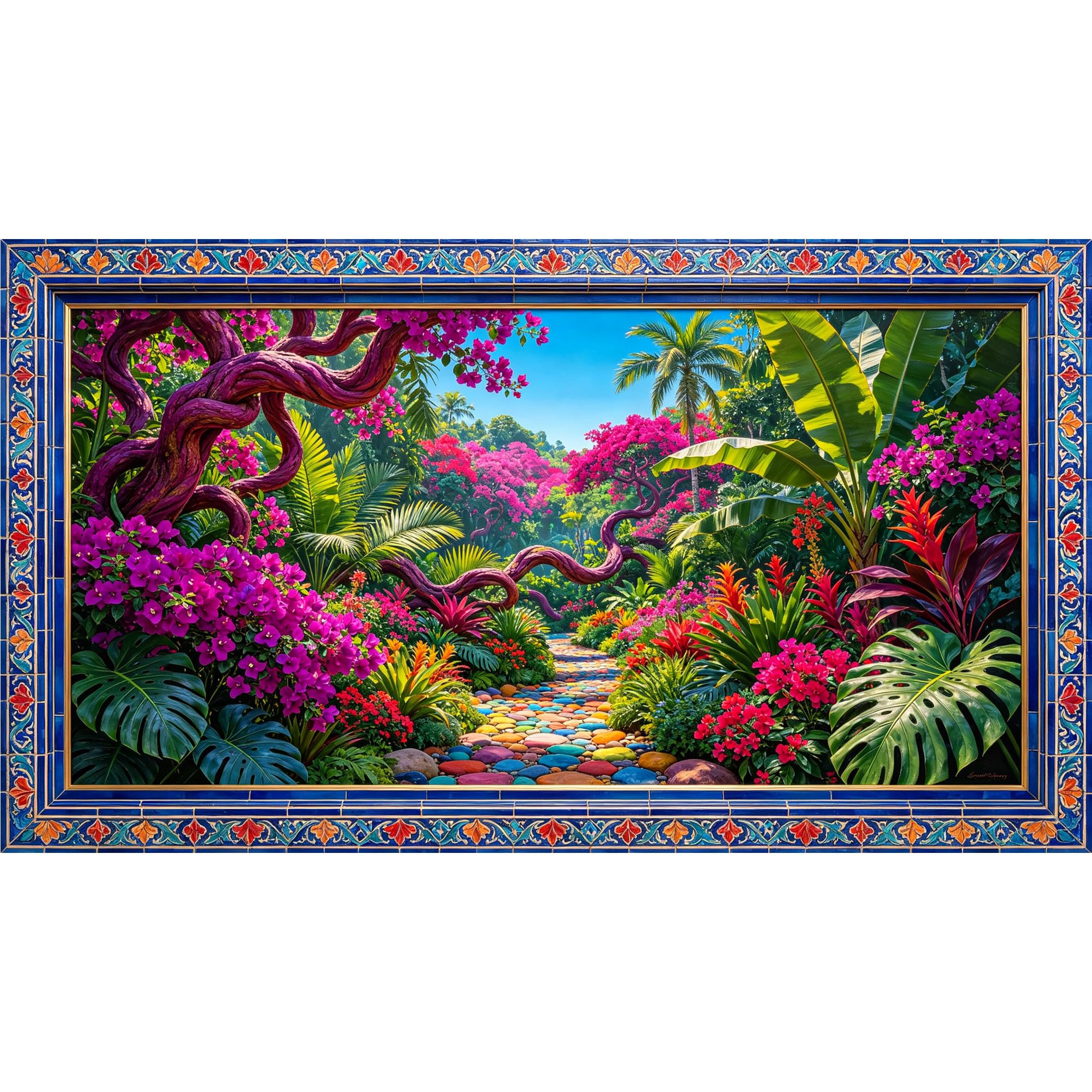 QZLITHOTIC 50×100cm 3D Framed Wall Art， Tropical Jungle Path Vibrant Floral Landscape Self?Adhesive Mural， Water?Activated Peel & Stick Fabric Decor Wall Decal for Bedroom Living Room