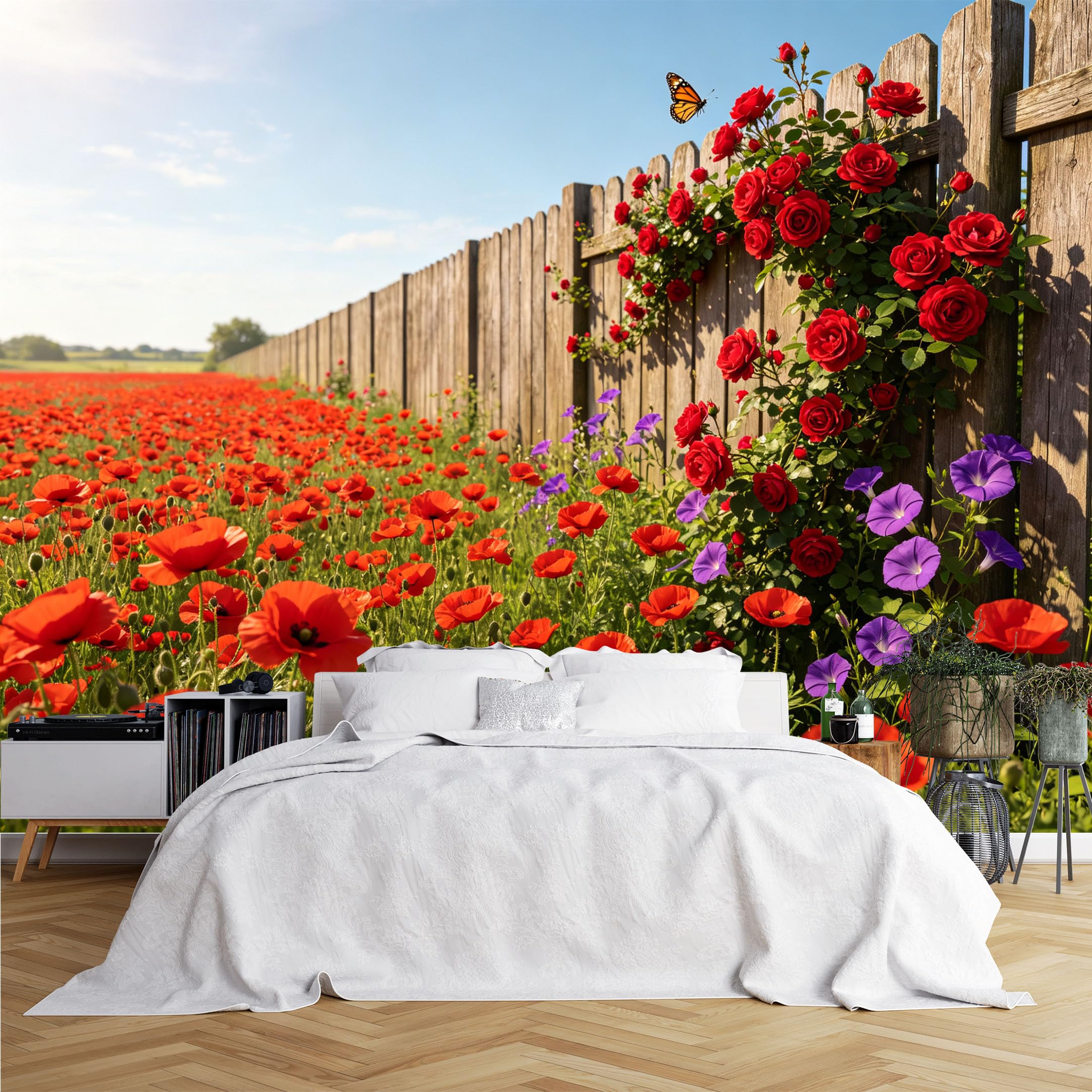 Lcythiazole Ch260615015 Custom Size Wall Murals Red Poppy Rose Fence Countryside View Wall Murals Realistic Wall Stickers Wallpaper Self-Adhesive Removable Wallpaper For Cottage Living Room