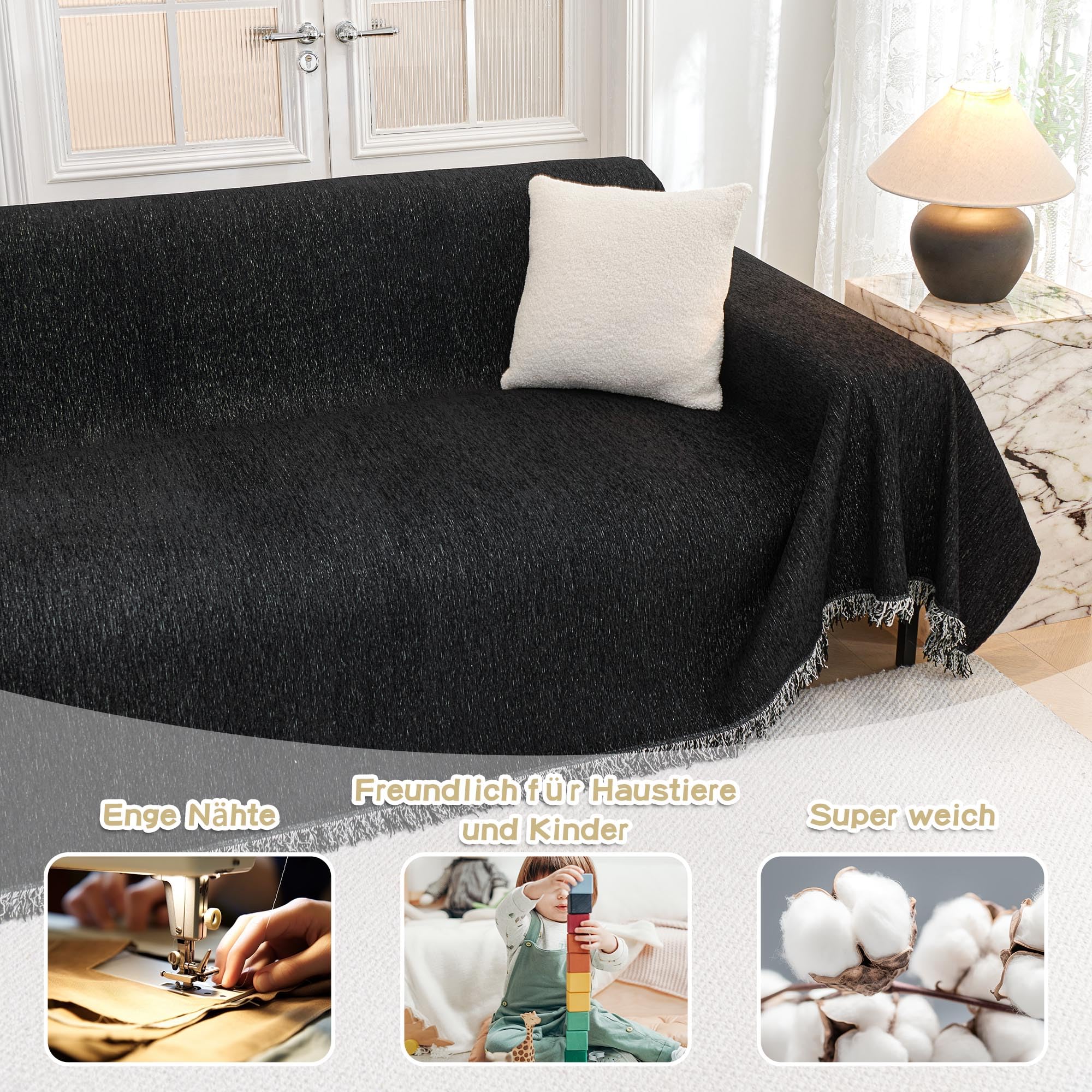 MYSKY HOME Pokrowiec na sofę 1/2/3/4-osobową, ochrona na sofę, ochrona przed zadrapaniami dla zwierząt domowych, sierści psa, kota, 180 x 300 cm, czarny
