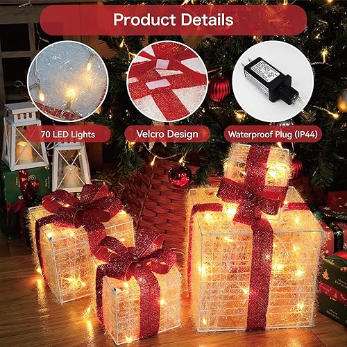 Miniatura 3 de Juego de 4 cajas de regalo iluminadas, 3.3 pies, 70 luces LED, apilables, cajas de regalo para decoraciones de Navidad, interiores y exteriores,