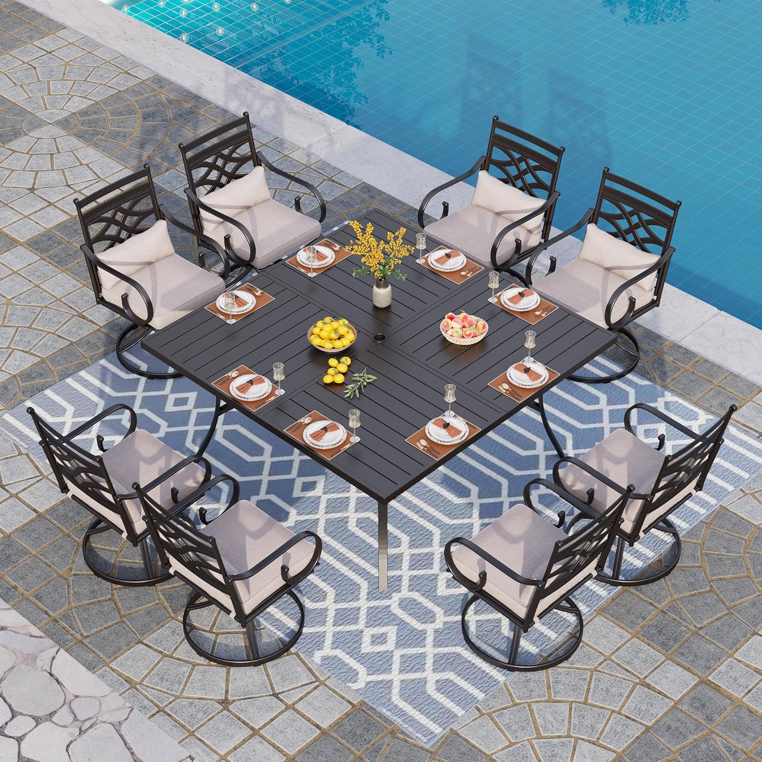 PHI VILLA 9 Pieces Outdoor Dining Set for 8, 60" Square Black Metal Table & Wrought Iron Swivel Chairs, All Weather Large Outside Furniture with Cushions & Pillows for Patio, Deck, Porch
