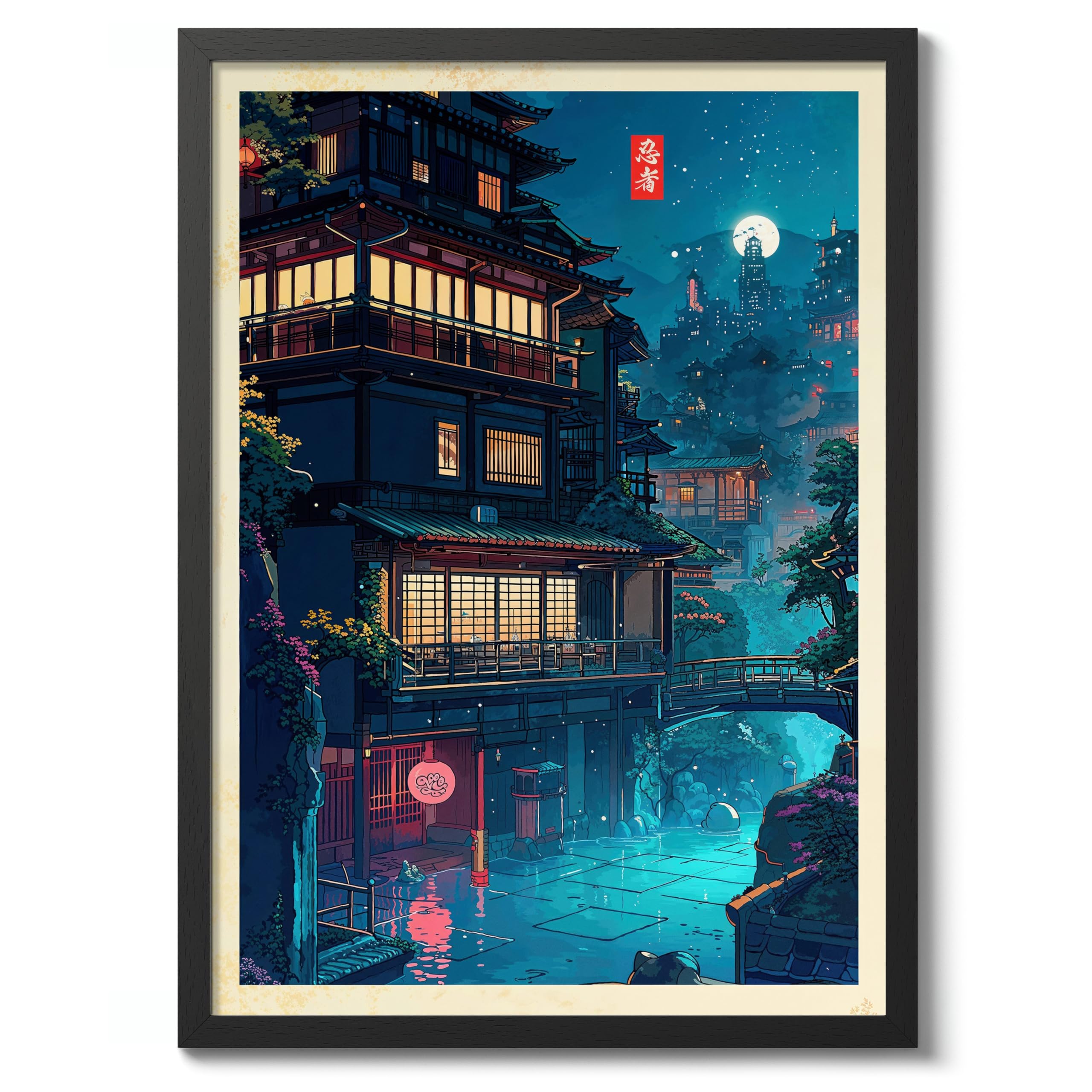 Anime City 3 Anime Woodblock Poster Modern Ukiyo-E, Japanese Cartoon Illustration Print, Archival Matte, A1 (Black Frame) - 84.1x59.4cm