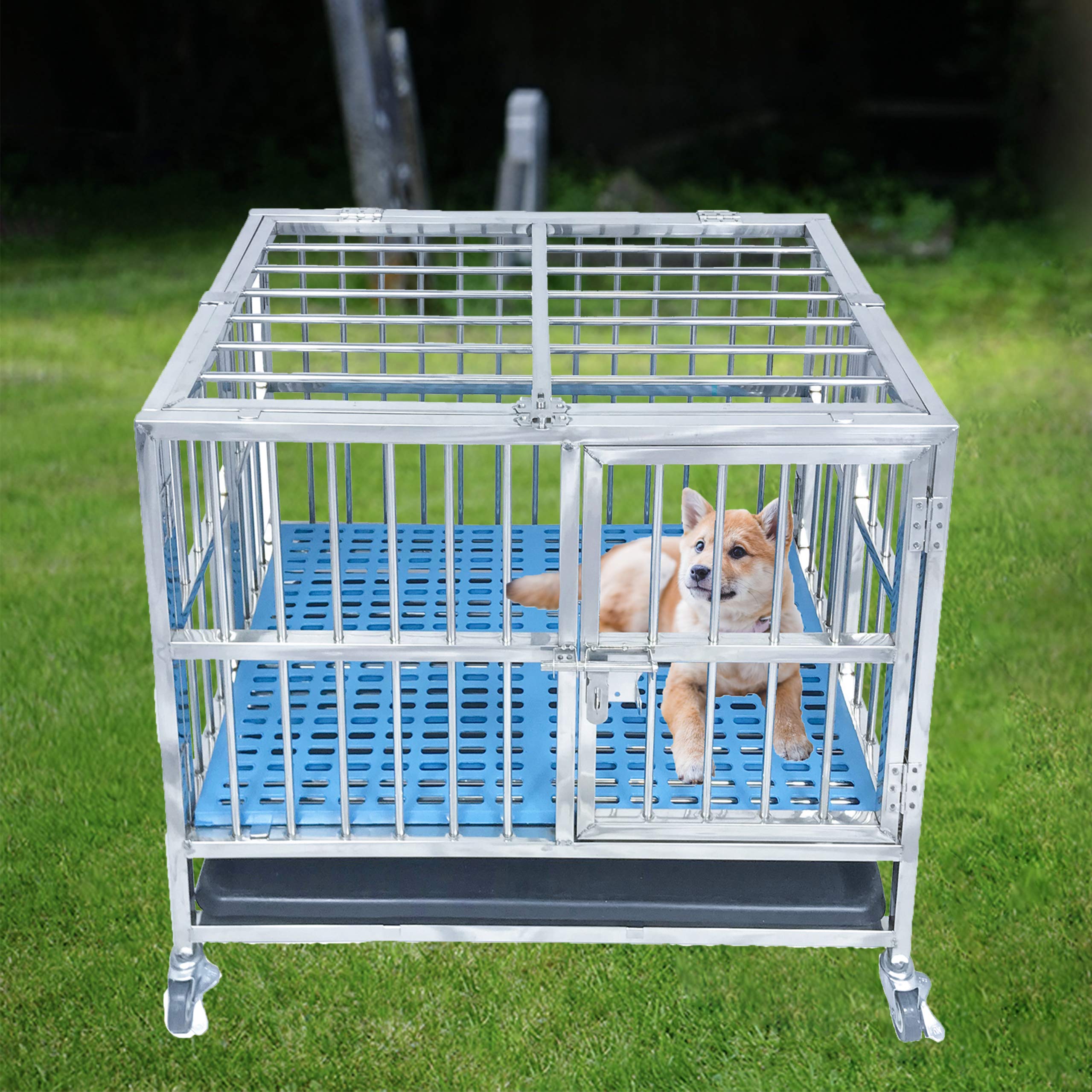 Foldable StainlessSteel Dog Cage with Mat, Tray, Lockable Wheels and