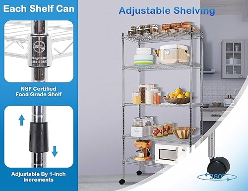 Miniatura 5 de Estantería de alambre de metal de 5 niveles con rueda, estante alto de almacenamiento, estantes de almacenamiento certificados NSF, 220 libras de