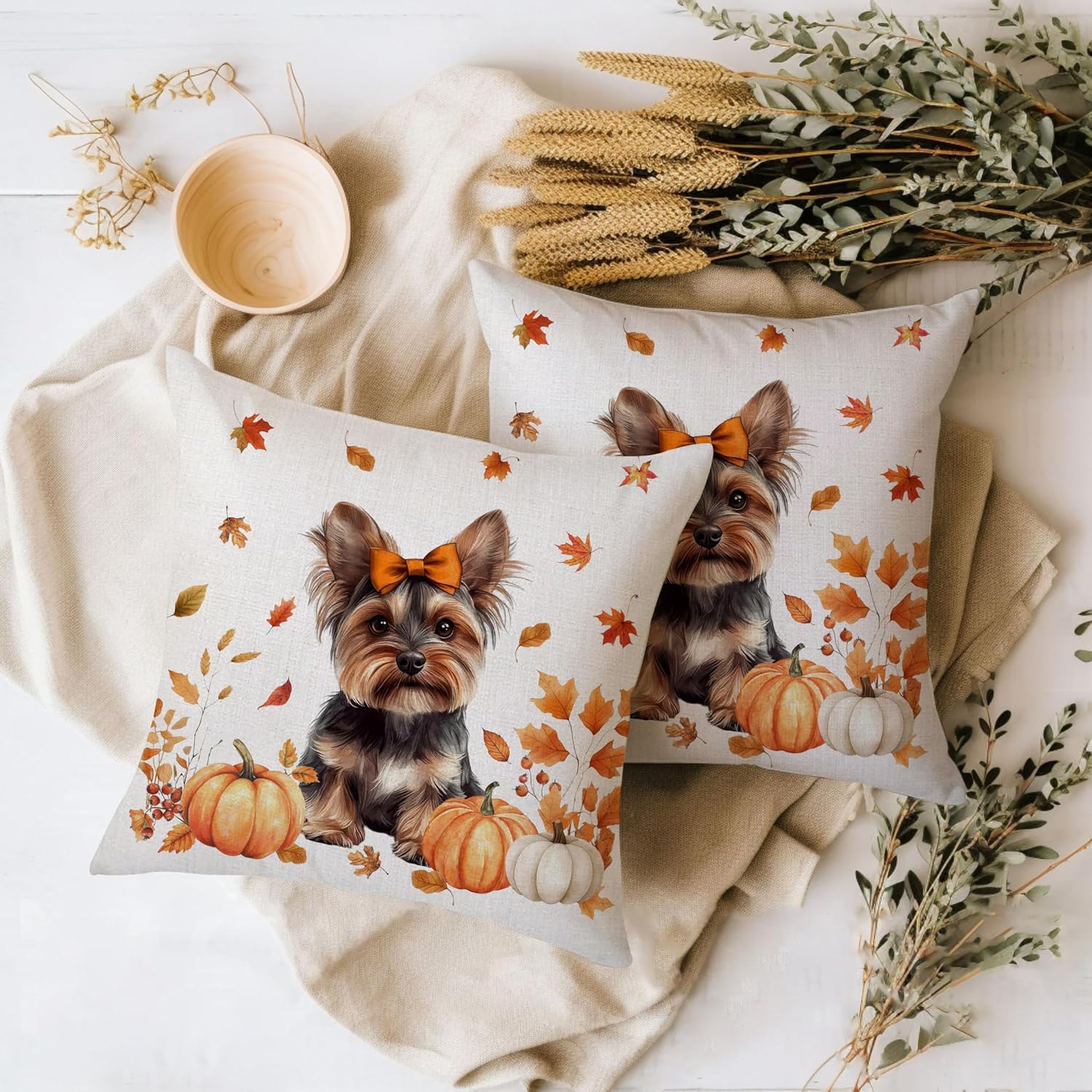 Fall Pillow Covers 18x18 Set of 2, Yorkshire Terrier Fall Pumpkins Throw Pillowcase Funny Autumn Holiday Home Decor Sofa Bedroom Cushion Case Outdoor Indoor Decorations image 3