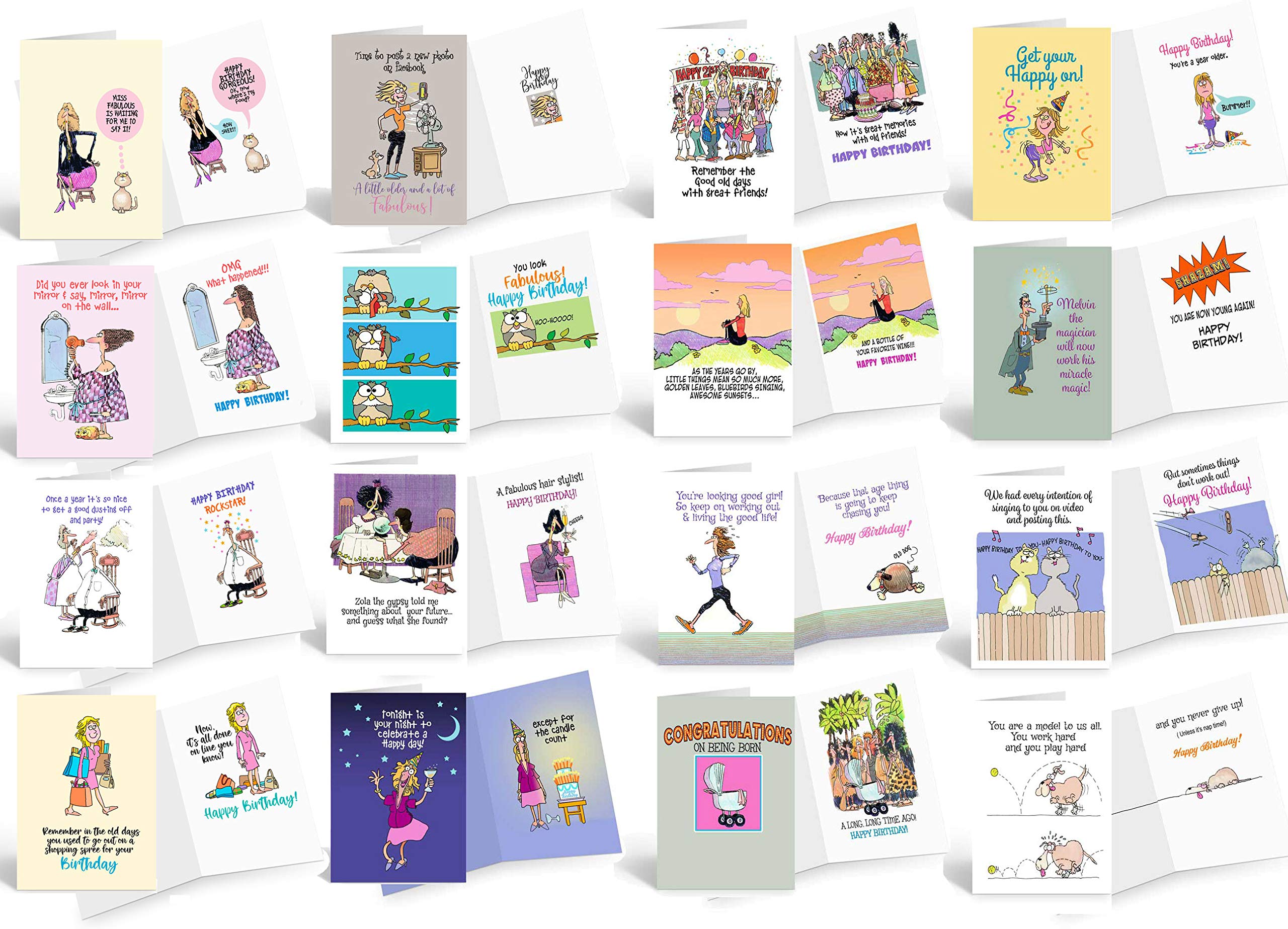 Stonehouse Collection16 Assorted Funny Birthday Cards w/Envelopes, Full Color Front & Inside Birthday Cards, Friendly Humor Greeting Cards, Boxed, US-made, 4.5" x 6.25"