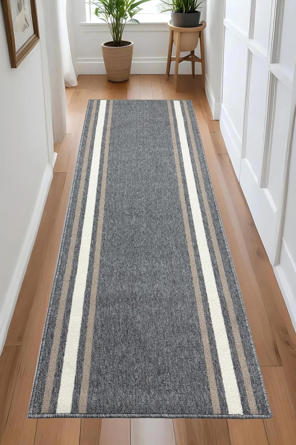 English Home Custom Size Anti Slip Machine Washable Low Profile Loop Pile Striped Bordered Gray Runner Rug (30" x 4')