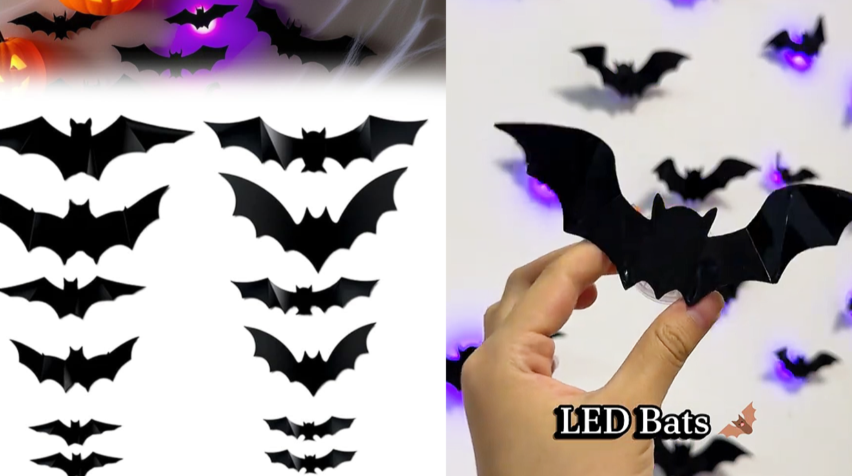 Décorations Halloween Chauves-souris LED (36 Pièces) - Autocollants Muraux 3D Lumineux Violet - Pour Maison, Fête, Ambiance Effrayante