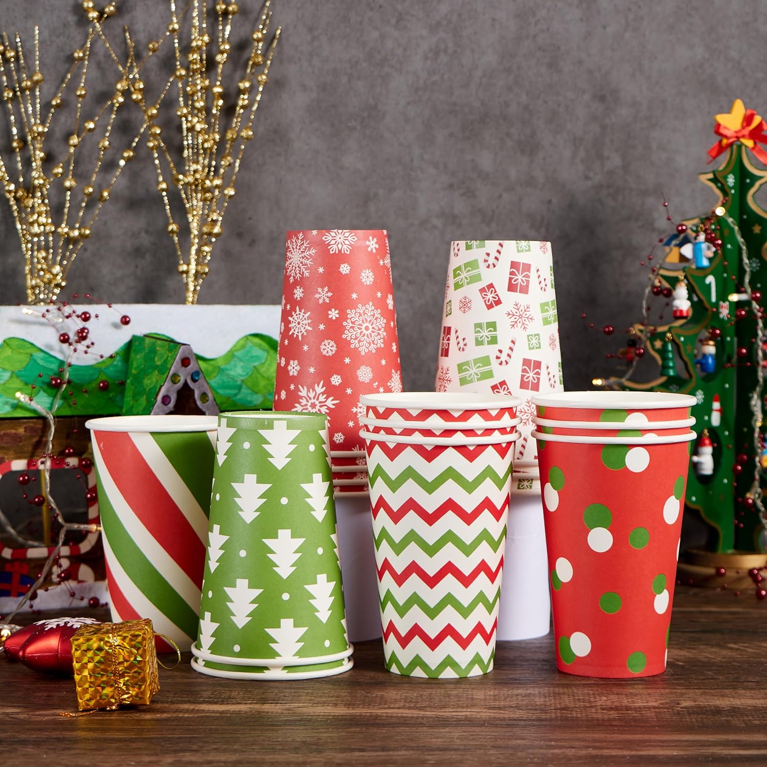 JOYIN 48 Pcs 16 oz Christmas Disposable Cups with Sleeves and Lids, 6 Designs Xmas Drinking Paper Cup For Hot Chocolate Coffee Cold Beverage Holiday Tableware Winter Party Supplies Favors