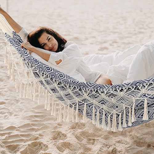 Miniatura 5 de Hamaca de Patio con Borlas, Hamacas de Jardín con Bolsa de Transporte Portátil, Detalle de Macramé Deluxe para Patio, Jardín, Patio Trasero, Playa,