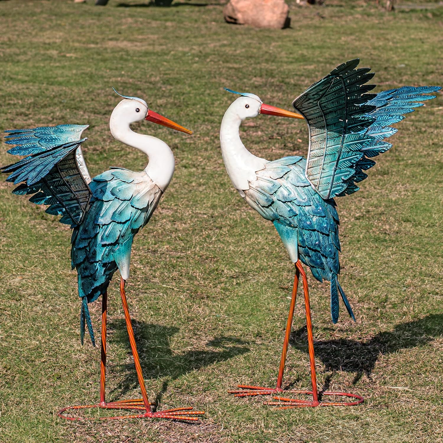 Natelf Garden Decor Blue Heron, Large Standing Metal Crane Garden Statue, Yard Art Lawn Ornaments for Yard Patio Porch Outside Decorations