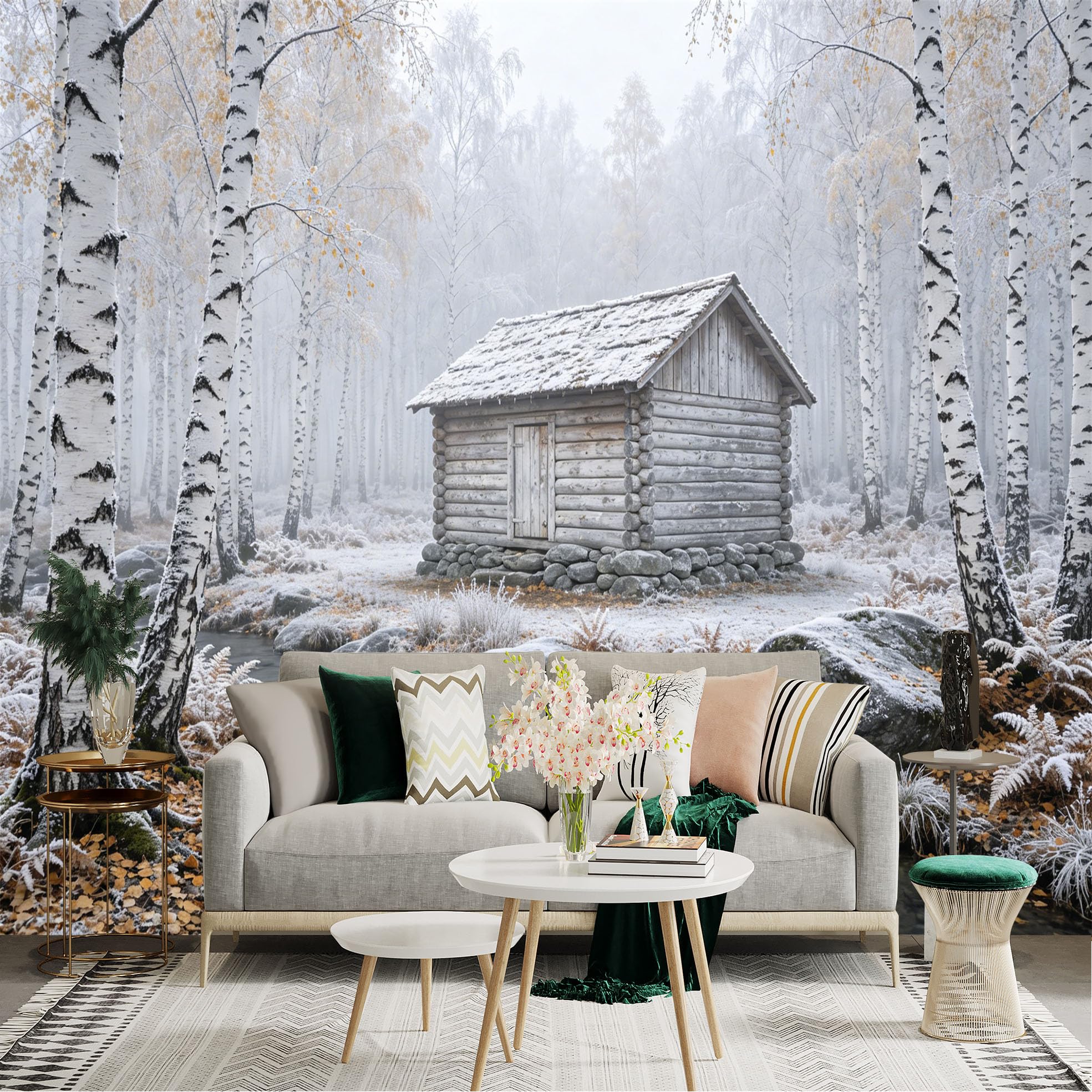 Custom Size Wall Sticker Mural， Winter Forest with Wooden Cabin and Stream， for wall Decoration， peelandstick wall Decals.