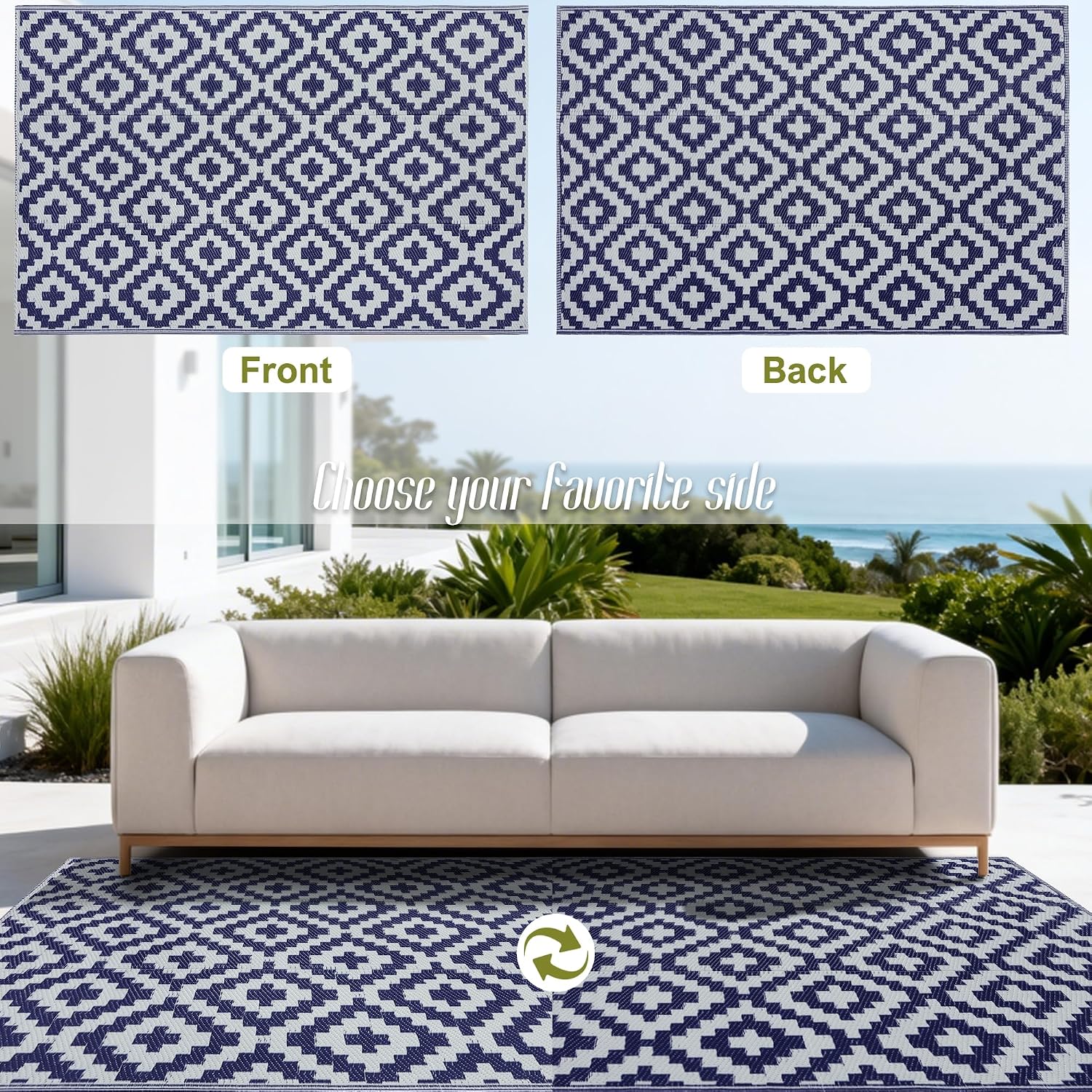  Reversible Mats, Plastic Straw Rug, Modern Area Rug, Large Floor Mat and Rug for Outdoors, RV, Patio, Backyard, Deck, Picnic, Beach, Trailer, Camping, Dark Blue & White, 4' x 6' thumbnail