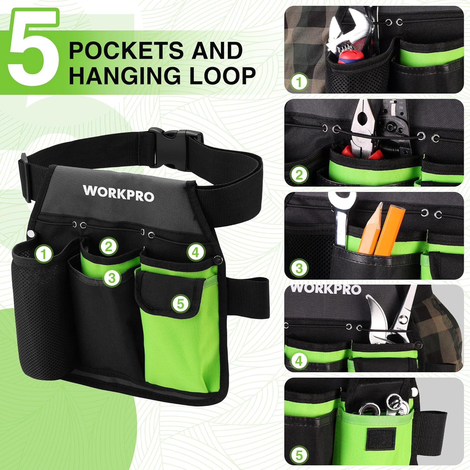 WORKPRO Garden Tool Belt, 5-Pocket Single Side Gardening Tool Pouch with Adjustable Waist Strap, Utility Garden Waist Bag for Women, Ideal for Gardening, Carpentry, and DIY Projects - Image 5