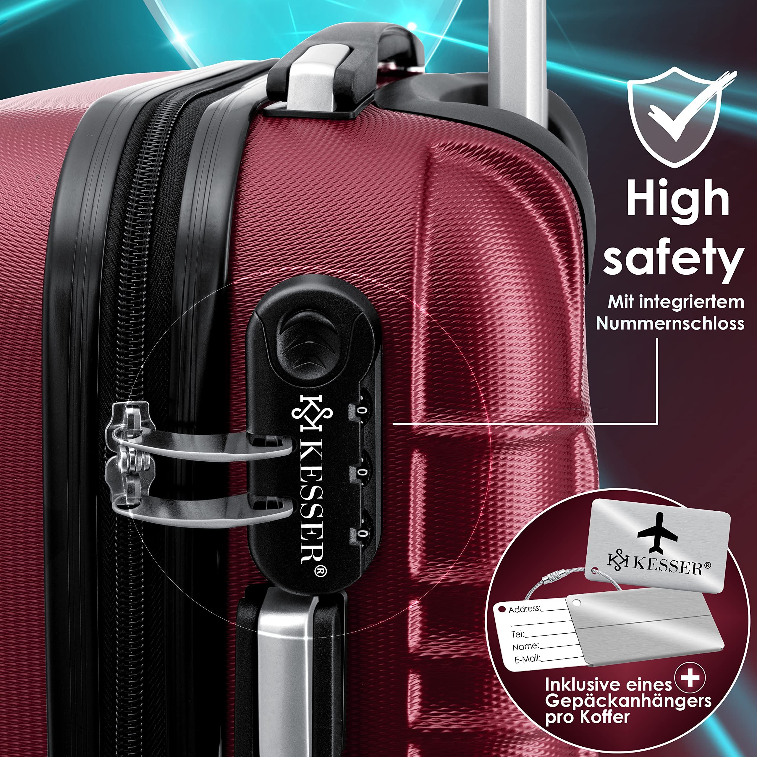 KESSER® Set di 4 valigie rigide, valigia da viaggio, set valigia trolley incl. bilancia per bagagli + etichetta per bagagli, serratura, 4 ruote ABS guscio duro manico telescopico S-M-L-XL