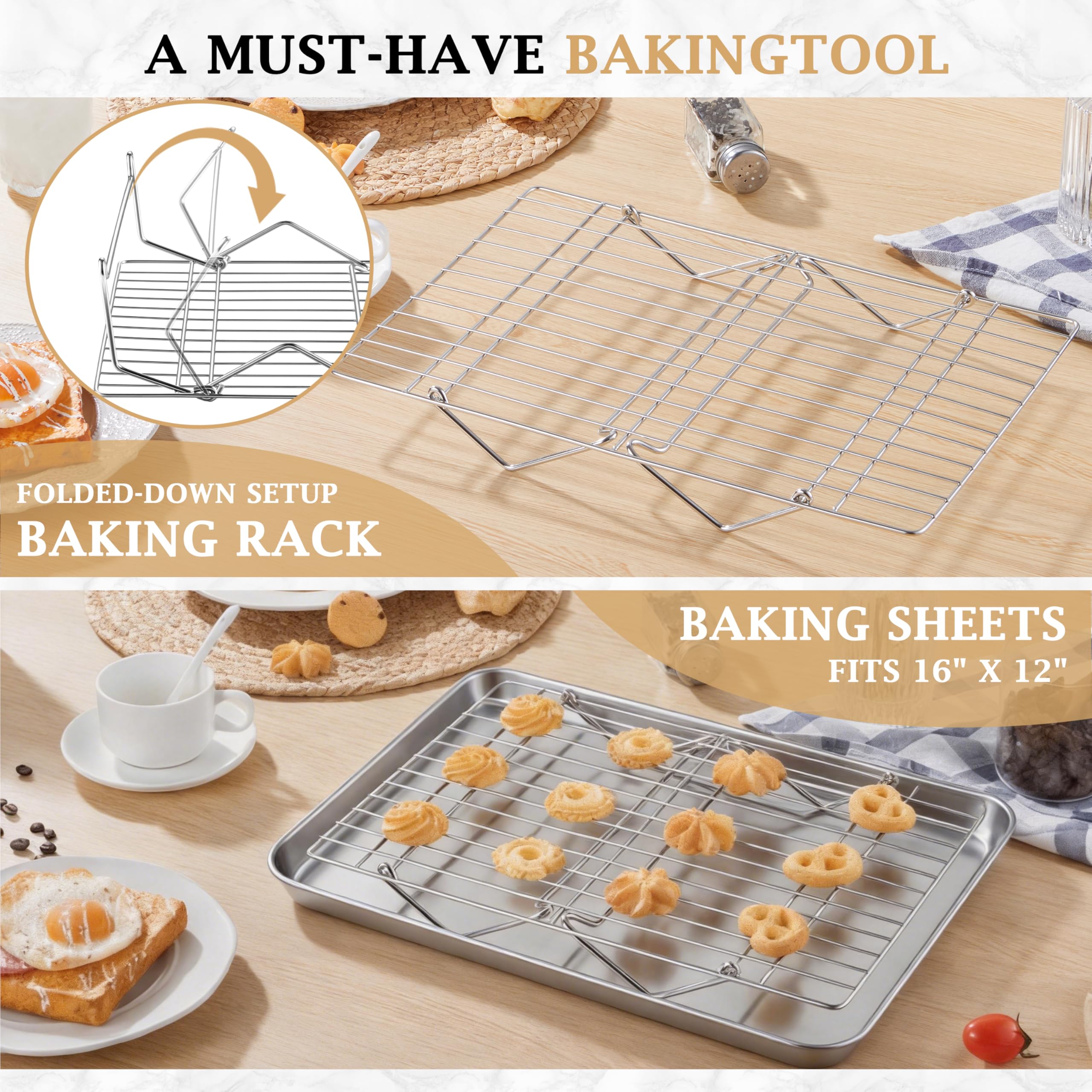 LIANYU Abkühlgitter 38,1 x 25,4 cm, 4-stöckig, stapelbar und zusammenklappbar, Edelstahl-Backdraht-Gestelle zum Kochen, Backen, Braten, Trocknen, ofen- und spülmaschinenfest, silberfarben