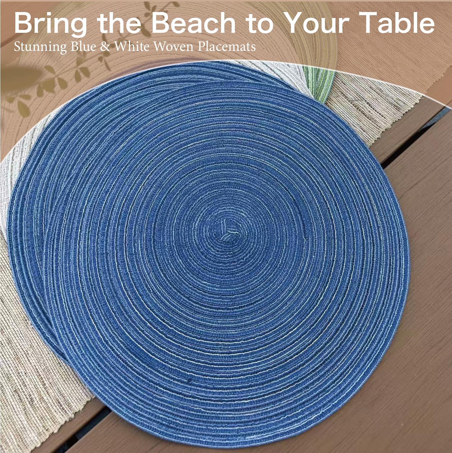 Blue Woven Placemats Set of 8,Washable Wipeable Woven TableMats Set of 8, Rattan Look Placemats,Blue ocen-Like placemats 15 Inch(Blue White)
