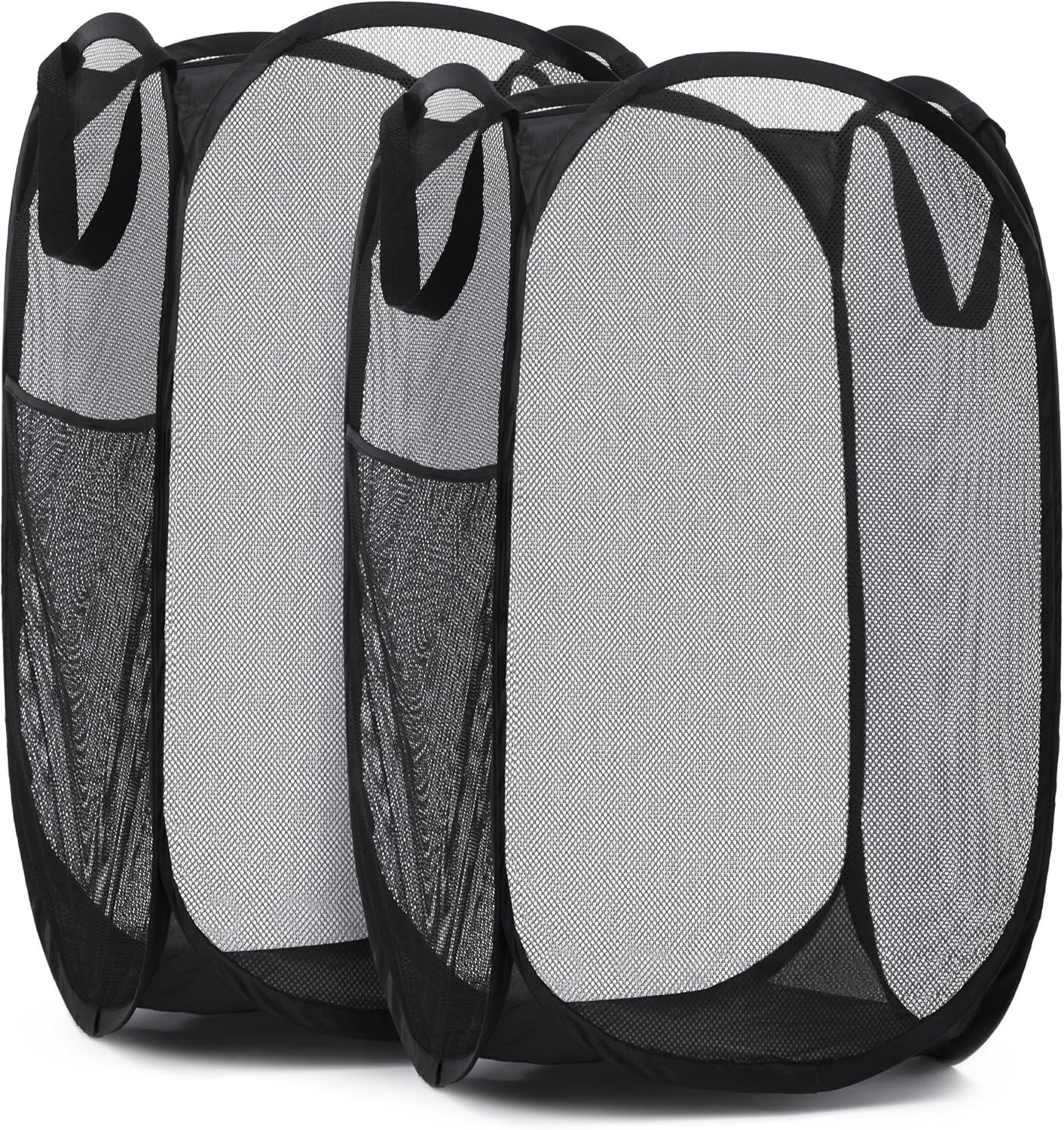 Handy Laundry Collapsible Mesh Pop-Up Hamper with Wide Opening and Side Pocket, 2-Pack, Black