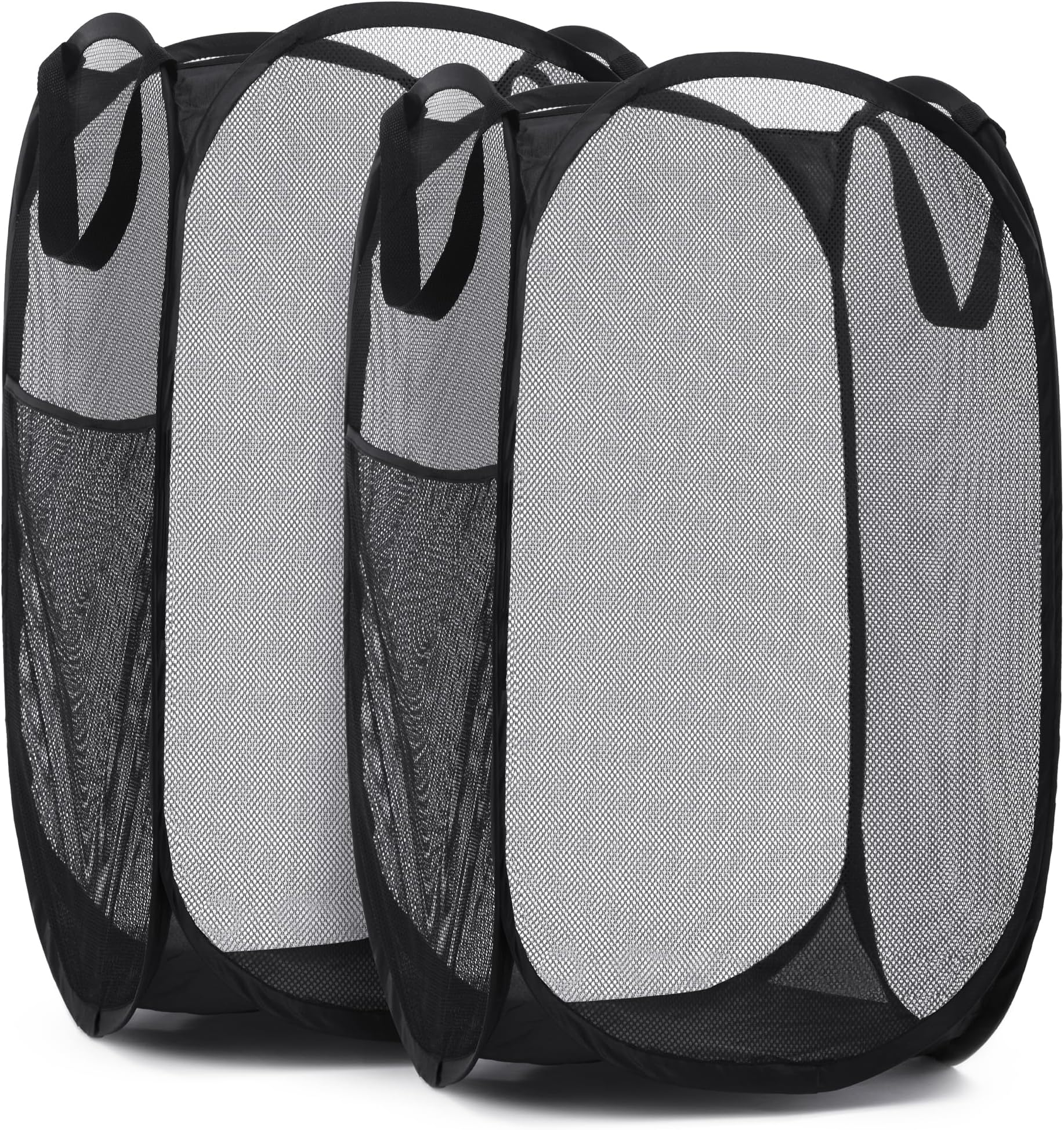 Mesh Popup Laundry Hamper - Portable, Durable Handles, Collapsible for Storage and Easy to Open. Folding Pop-Up Clothes Hampers are Great for The Kids Room, College Dorm or Travel. (Black | Set of 2)