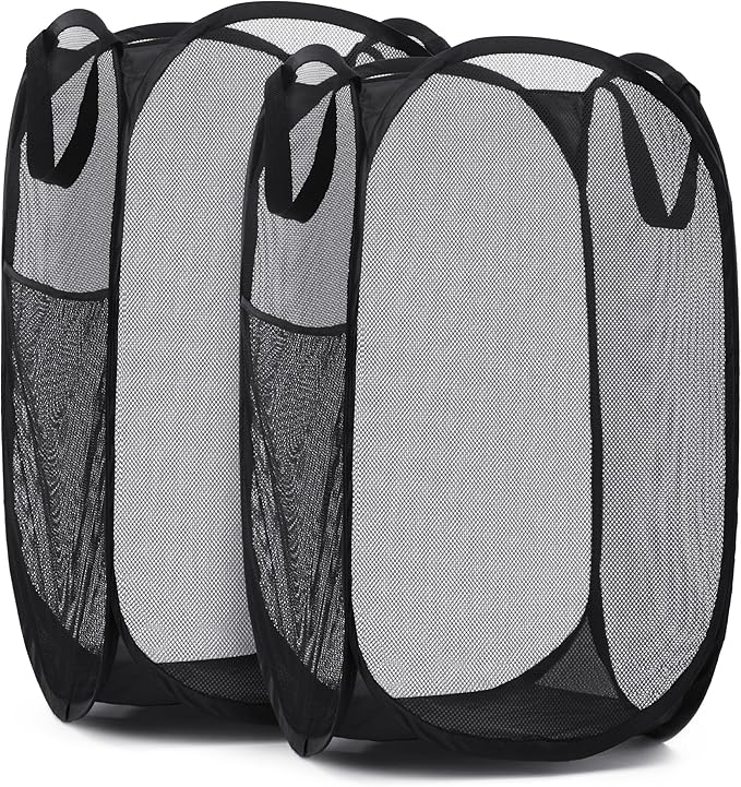 Mesh Popup Laundry Hamper - Portable, Durable Handles, Collapsible for Storage and Easy to Open. Folding Pop-Up Clothes Hampers are Great for The Kids Room, College Dorm or Travel. (Black | Set of 2)
