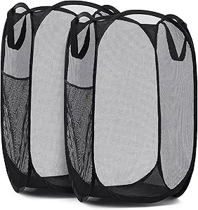 Handy Laundry Collapsible Mesh Pop Up Hamper with Wide Opening and Side Pocket (Black, 2-Pack)