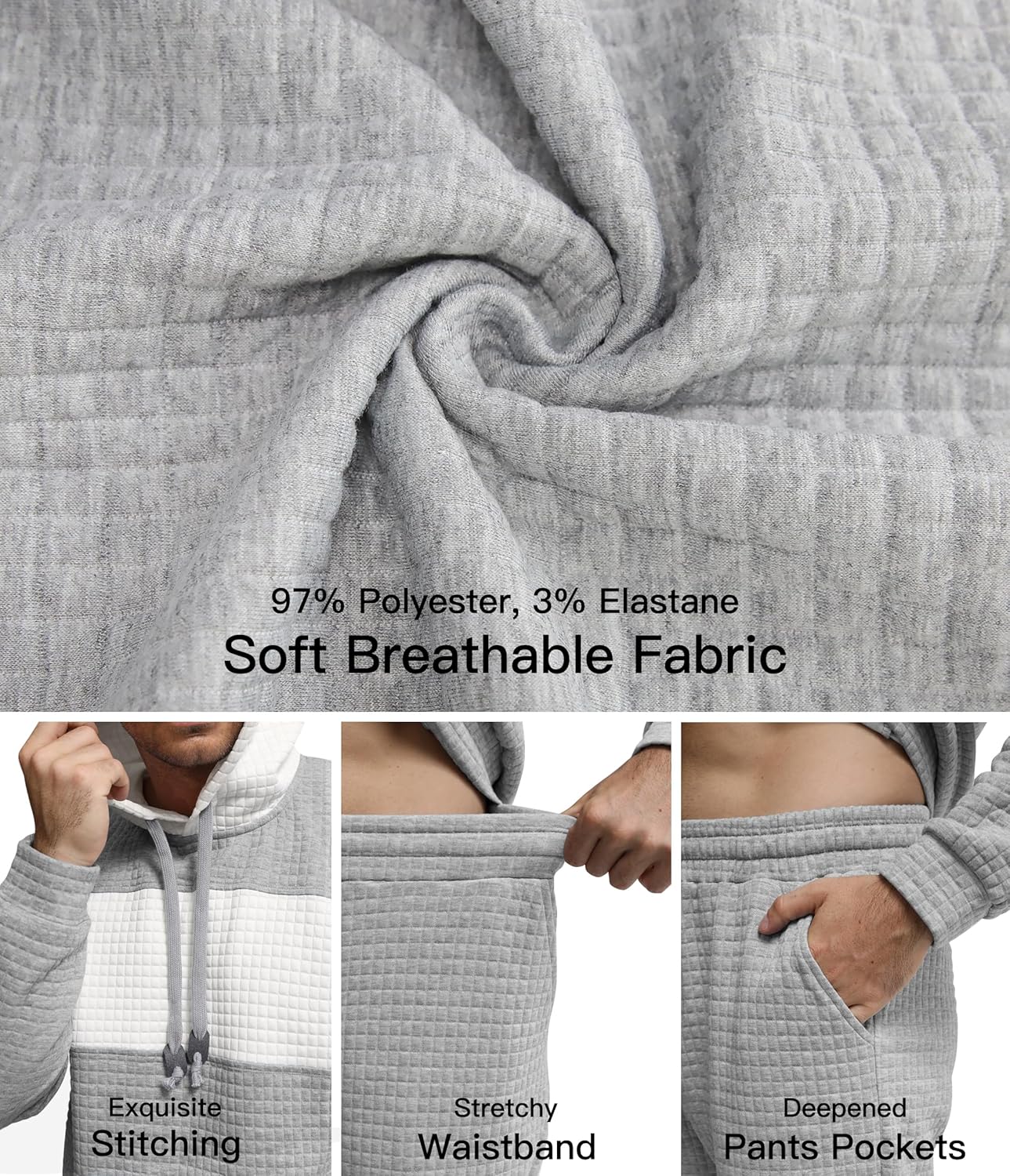 UOUA Mens Tracksuit 2 Piece Hoodie & Sweatpants Set Waffle Jacquard Sweatsuit Outfits Casual Jogging Suits - Image 6