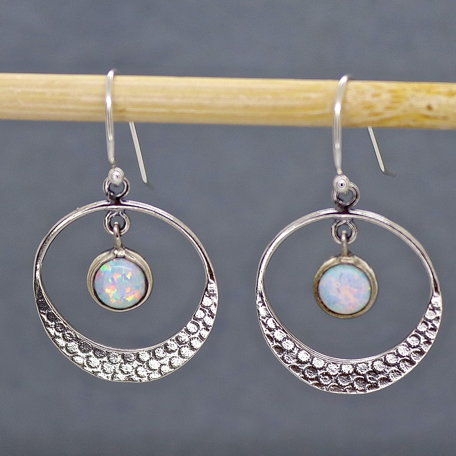 White Opal earrings, Sterling silver 925 dangle earring for women, Open hoop with stone dangle in the center, Hammered silver earrings, Unique silver earrings