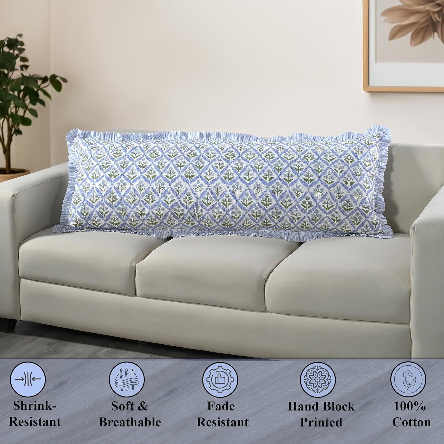 Ridhi Block Print Light Steel Blue 54"x20" Set 1-100% Cotton Ruffle Lumbar Sham Cover Boho Floral Pillowcase, Farmhouse Cottagecore Bedding, Soft Decorative Cover Gift for Spring, Easter, Valentine