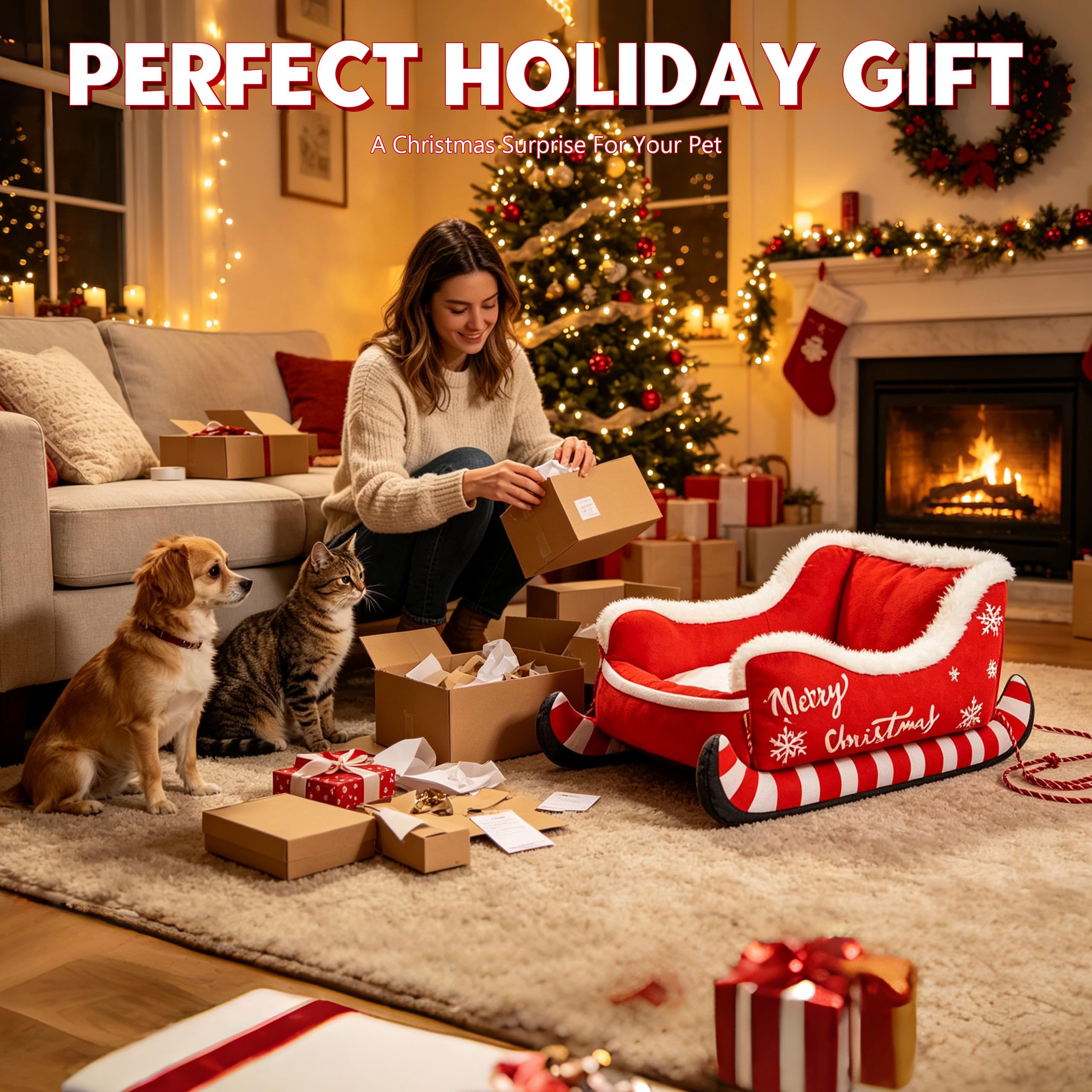 Weihnachts Schlitten Haustierbett, Weiches Plüsch Hundebett 81*66*34 CM