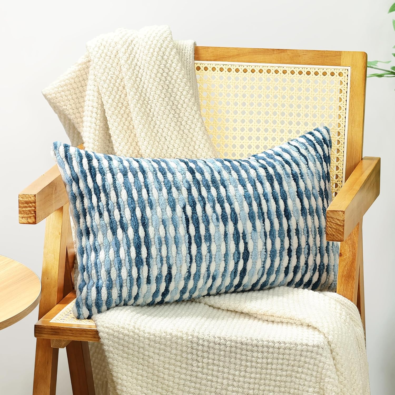 Boho Chenille Striped Pillow Cover 12x20 Inch, Decorative Lumbar Pillow Cover for Couch Bed Sofa Living Room Bedroom Farmhouse Modern Home Decor Accent Pillowcases Set of 2, Blue White