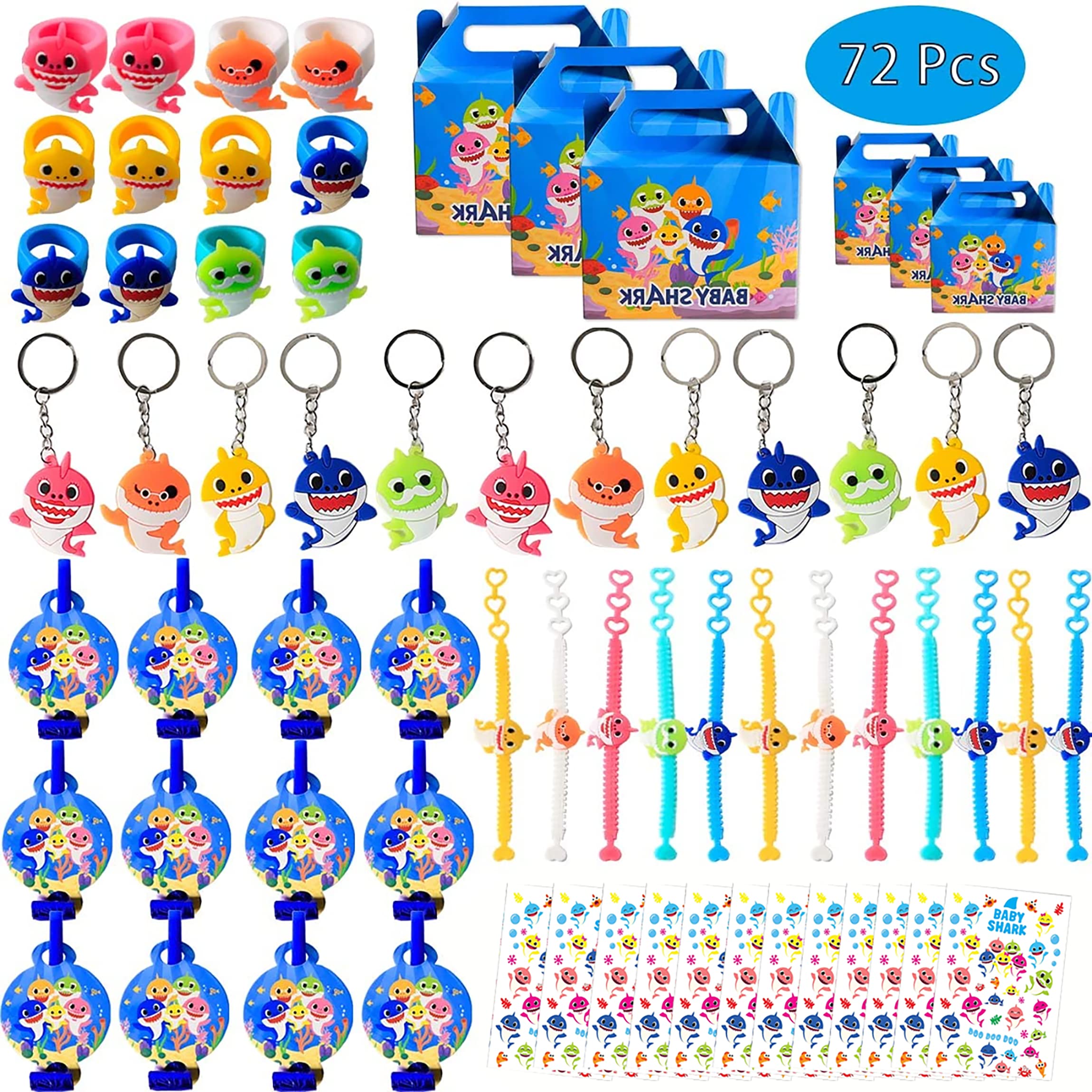 Shark Birthday Party Favors for Baby Supplies- Shark Bracelets, Rings, Key Chains, Blower Whistles, Tattoos and Goodie Bags