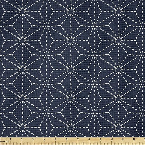 Lunarable The Yard, tela japonesa de The Yard, motivos orientales con líneas punteadas formas geométricas sobre fondo de sombra azul, tela de